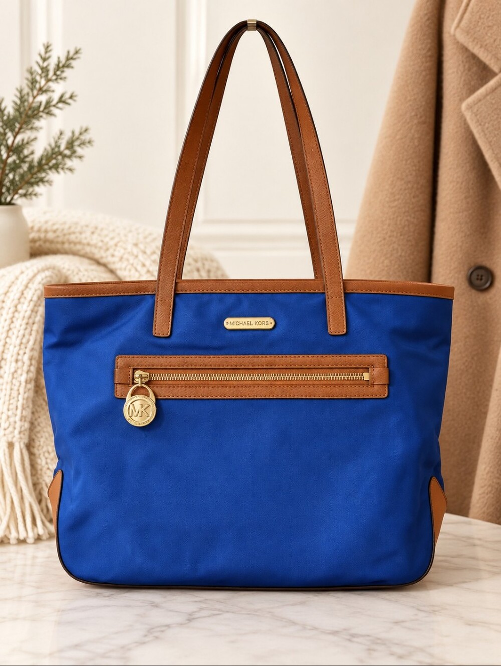 Michael Kors Royal Blue Nylon Tote Brown Leather Large Winter Bag